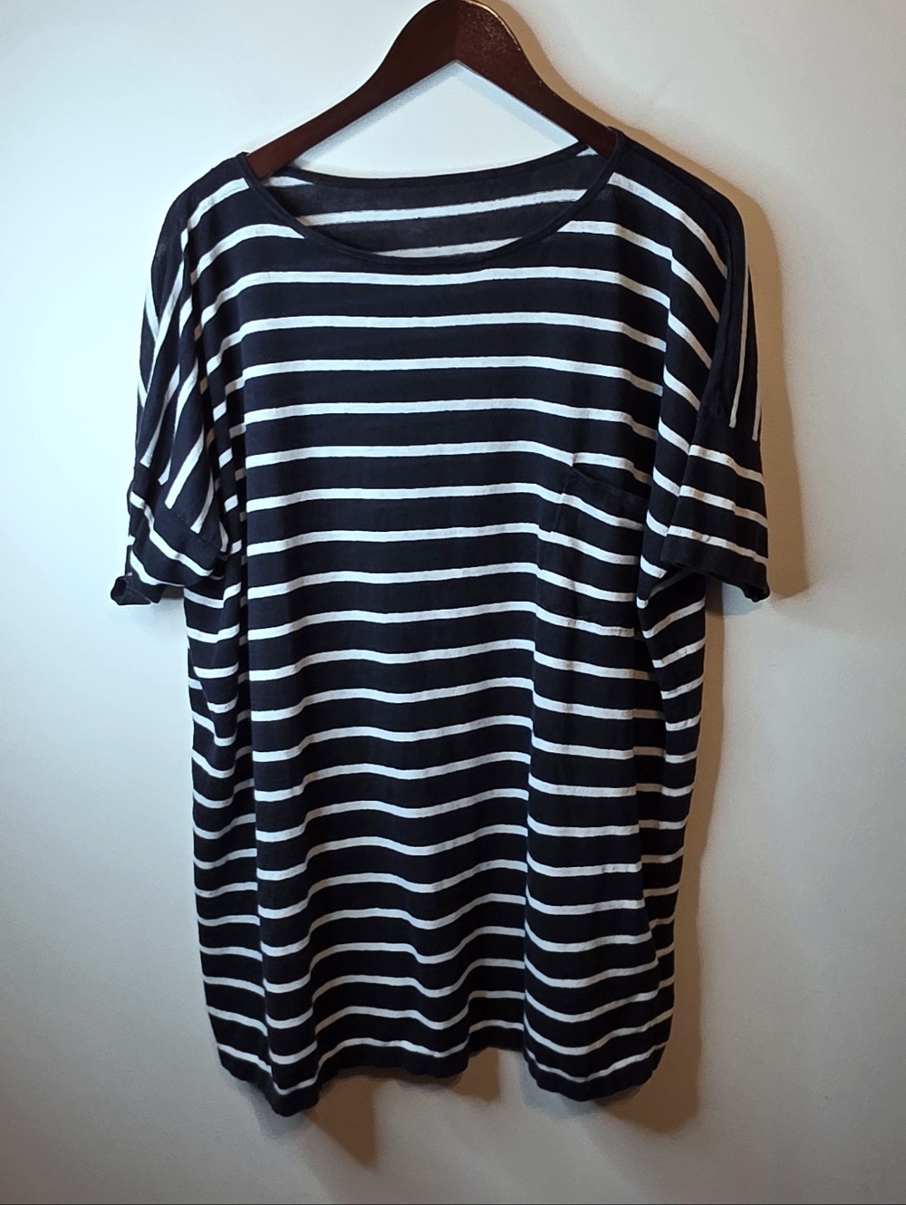 COS Navy White Striped 100% Linen Boat Neck Relaxed Tee Size Large